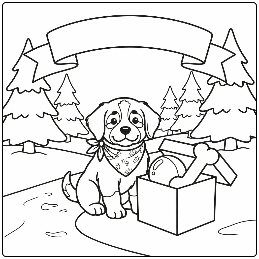 Saint Bernard puppy with gifts - a charming christmas dog coloring page.