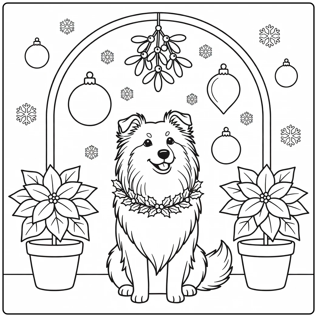 Kawaii Christmas dog coloring page: sweet Shetland Sheepdog under mistletoe.