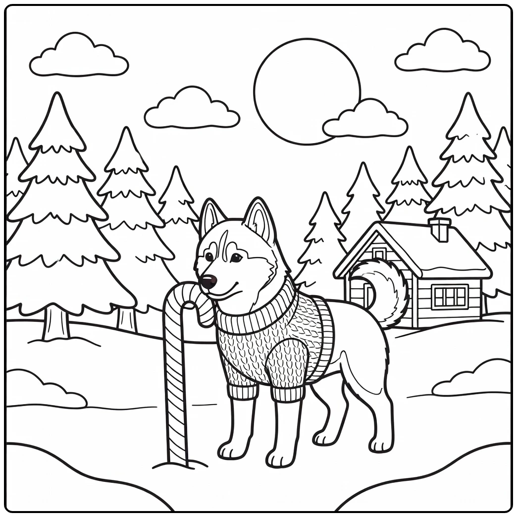 Siberian Husky christmas dog coloring page sniffing candy cane.