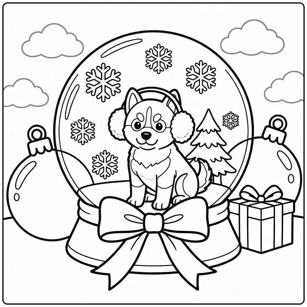 Kawaii Siberian Husky puppy in snow globe christmas dog coloring page