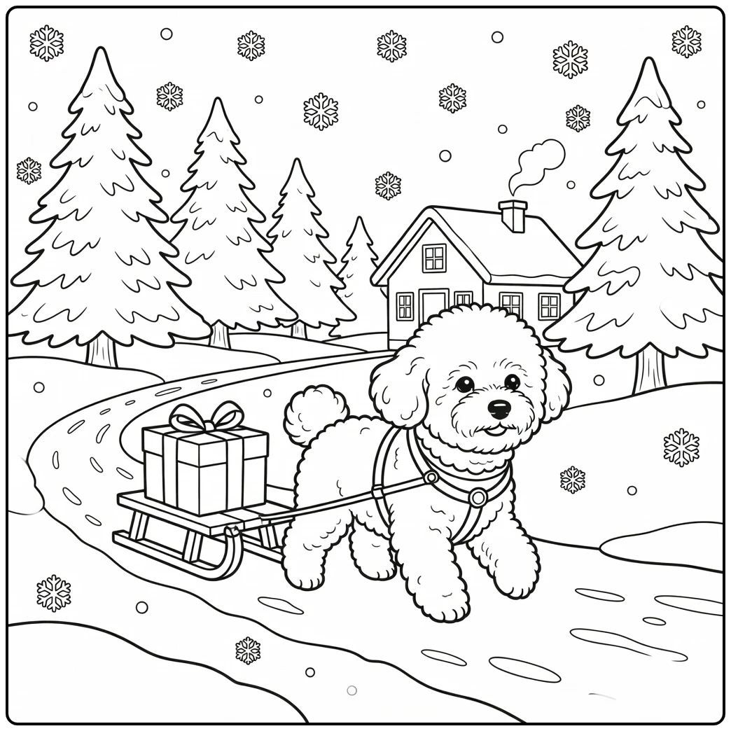 Adorable bichon frise coloring page pulling sled with present.