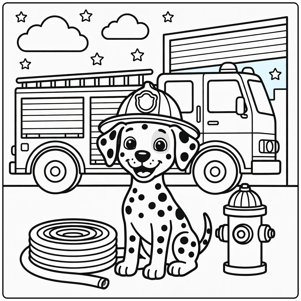 A heroic Dalmatian cute dog coloring page with a firefighter hat.