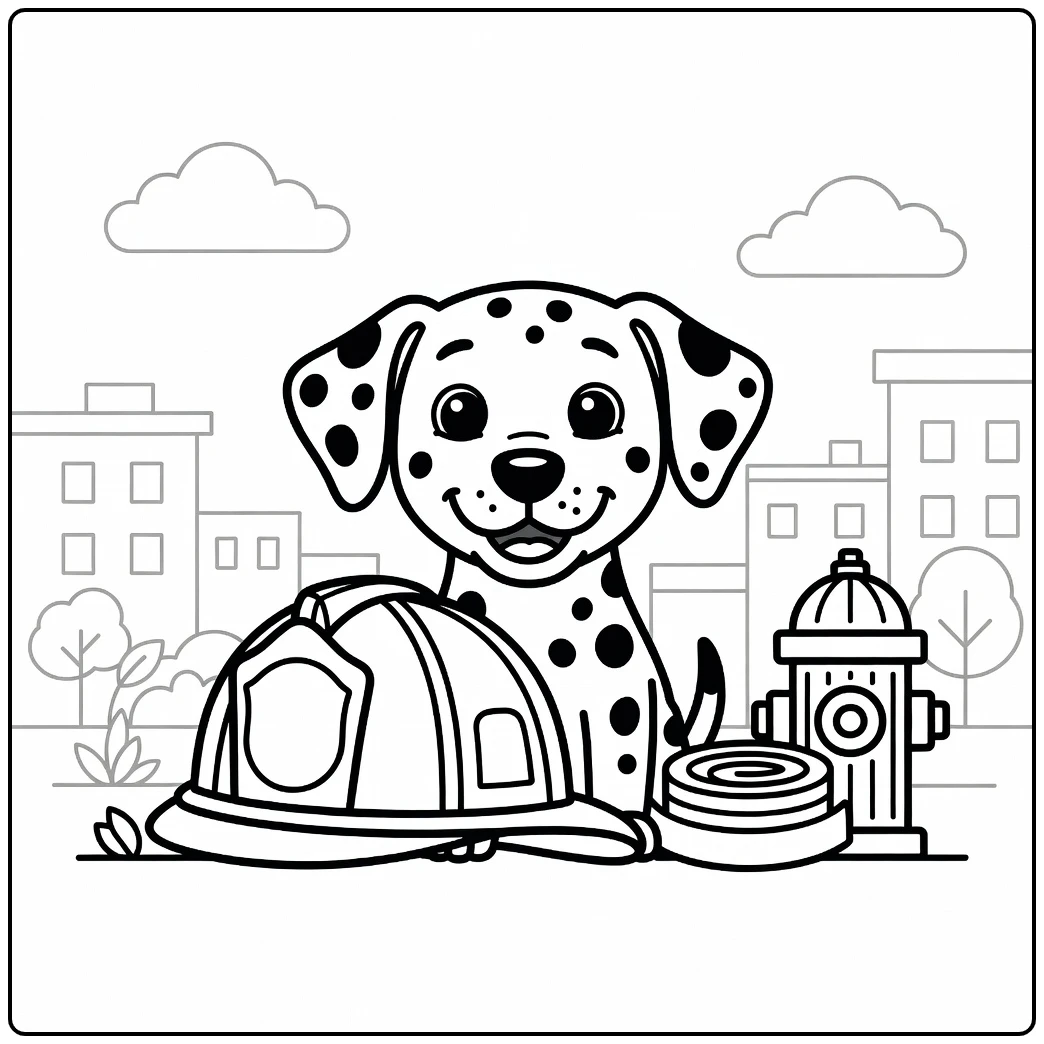 A heroic Dalmatian dog face coloring page with a firefighter helmet.