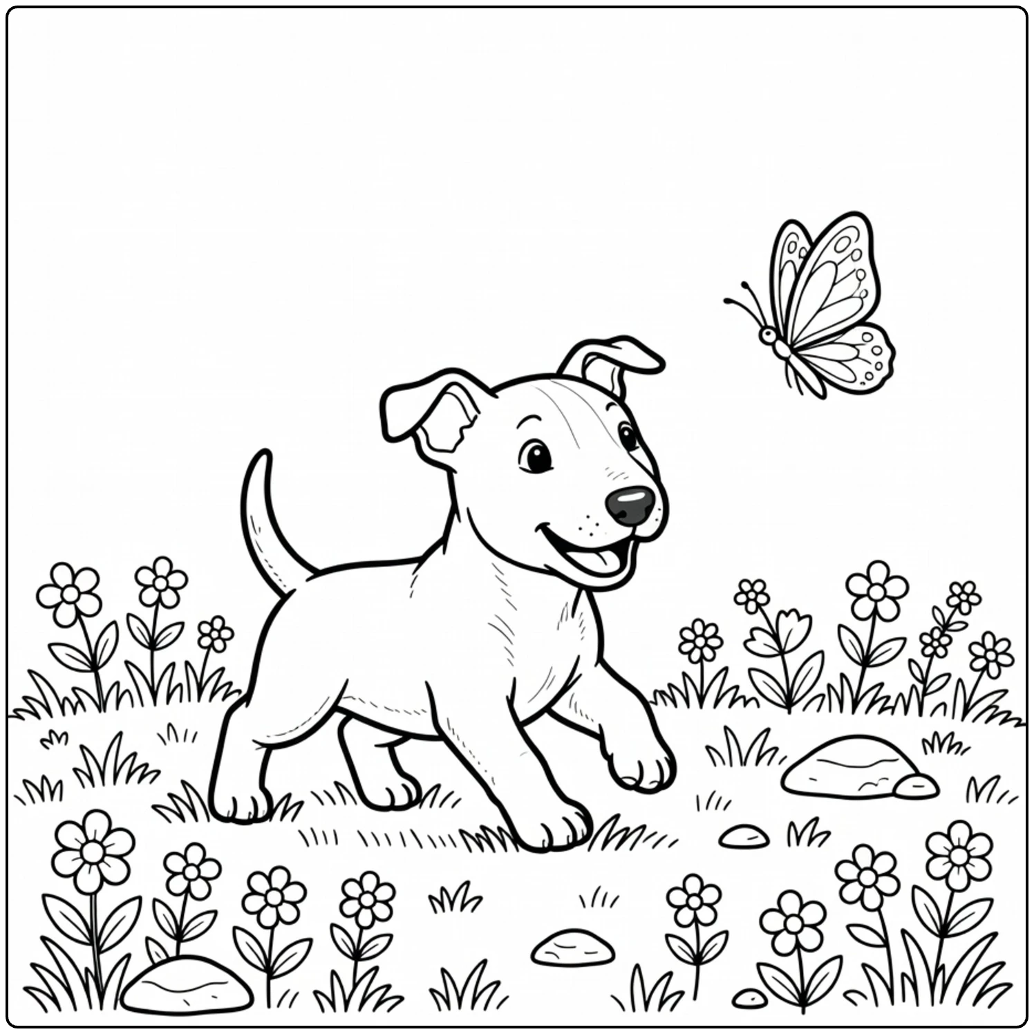 Puppy chasing butterfly Bull Terrier coloring page.
