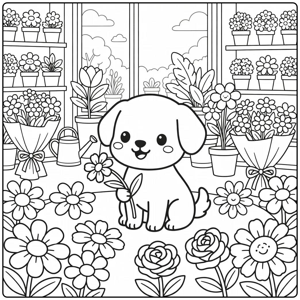 A cute chibi dog coloring page with a pup in a flower shop.