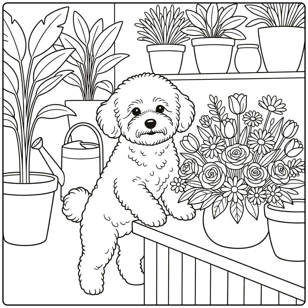 Cute bichon frise coloring page in a charming flower shop.