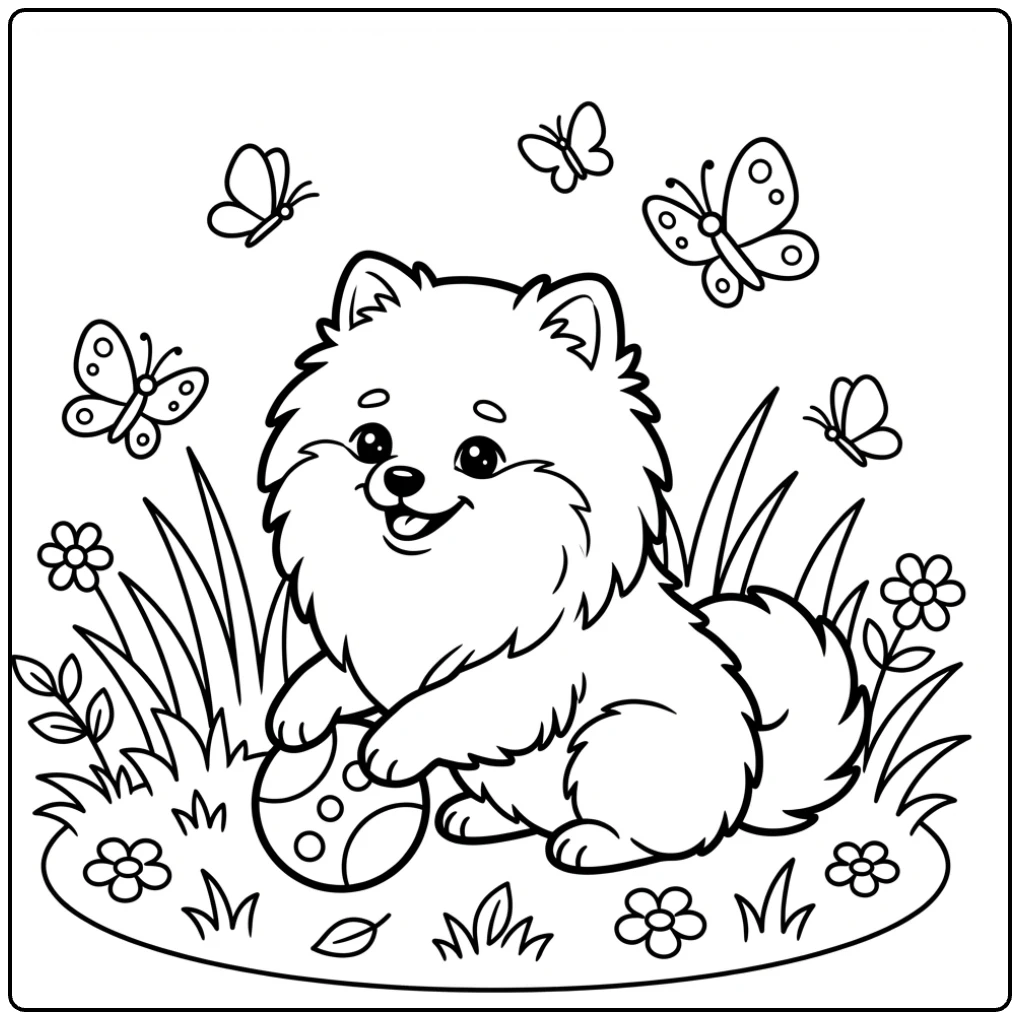 A Cute Pomeranian coloring page playing with a ball.