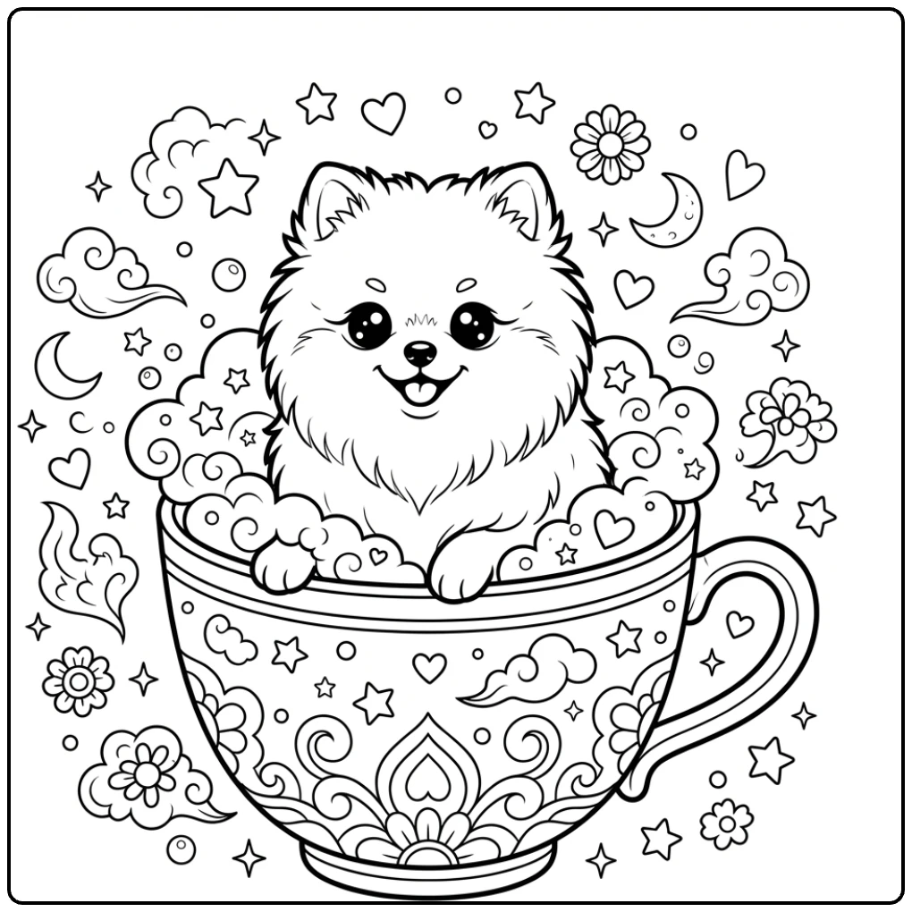 Cute puppy in teacup Kawaii Pomeranian coloring page
