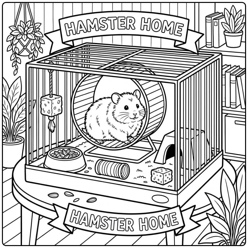 Cute hamster with a wheel Animal coloring page.