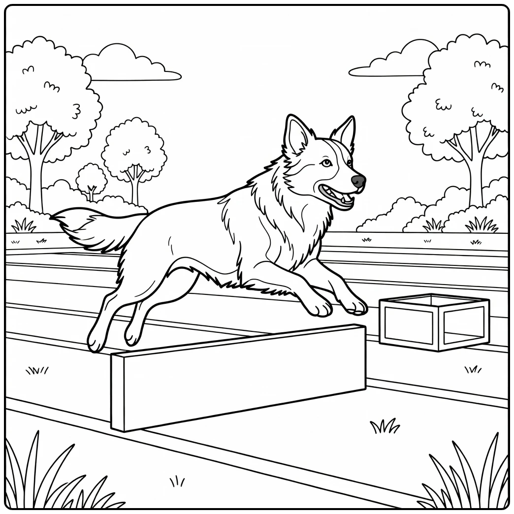 Dynamic border collie coloring page, sprinting over a hurdle.