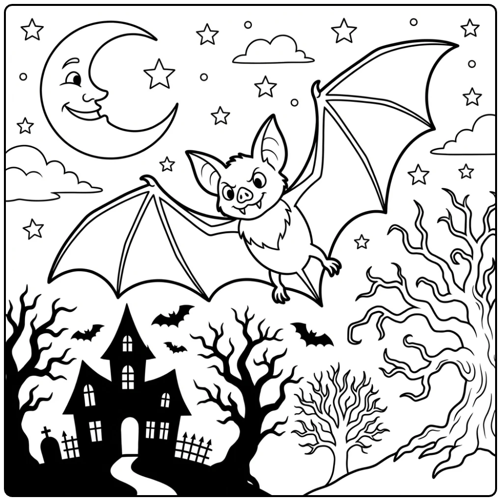 Animal coloring page of a spooky bat flying by moon and stars