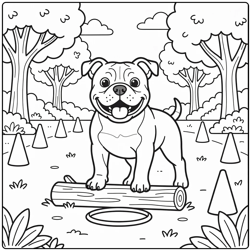 A happy training day american bulldog coloring page for kids.