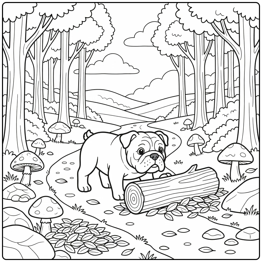 A curious dog on a forest path, an english bulldog coloring page.
