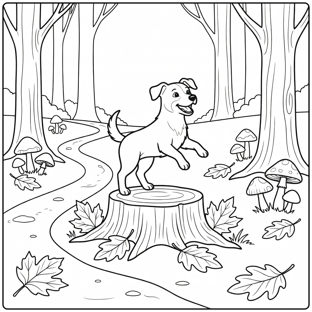 Energetic small dog coloring page balancing on a forest tree stump.