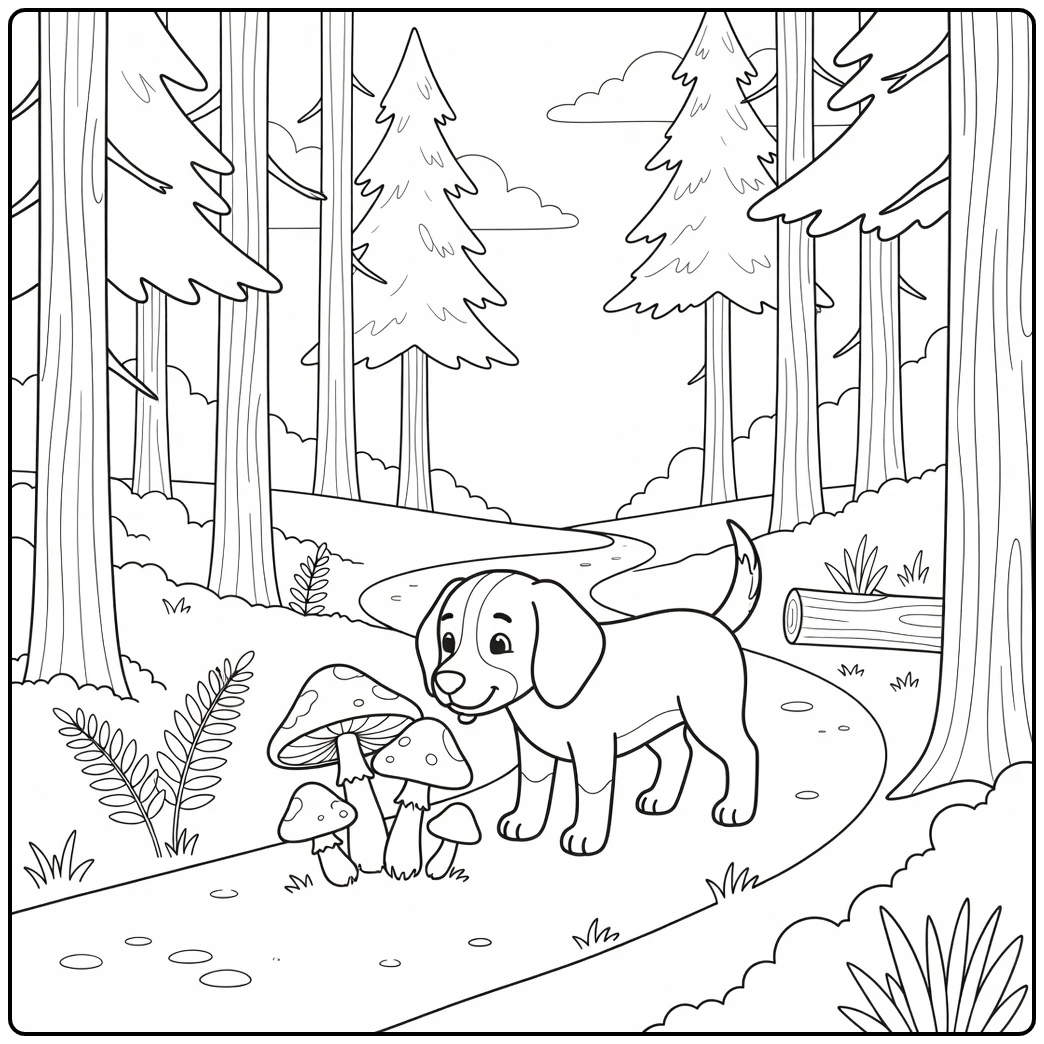 A curious canine on an easy dog coloring page sniffs mushrooms.