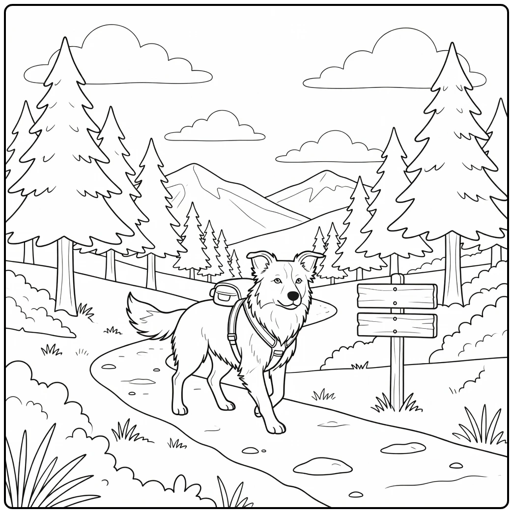 Hiking border collie coloring page on a forest trail adventure.