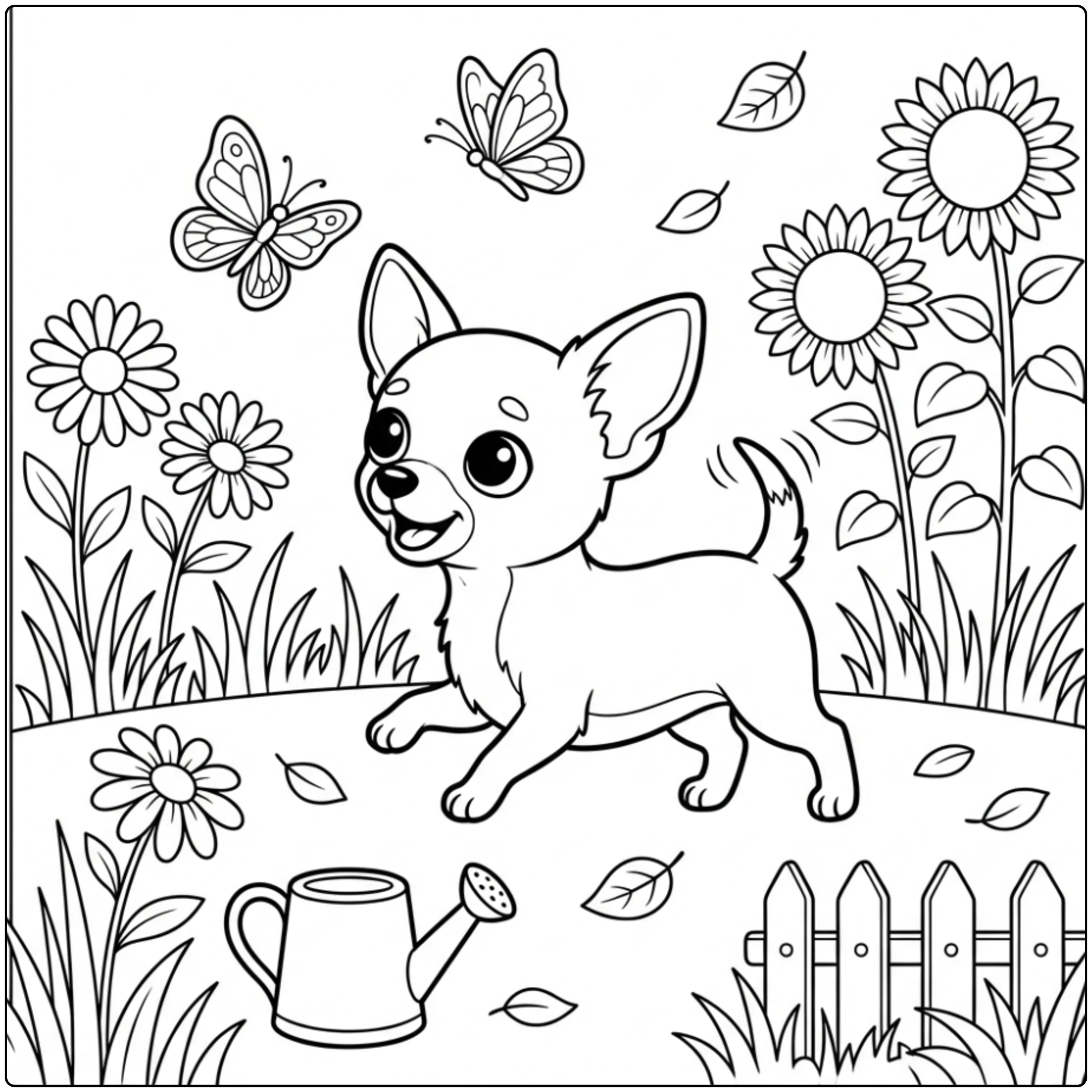 Cute Chihuahua coloring page in a sunny garden with butterflies.
