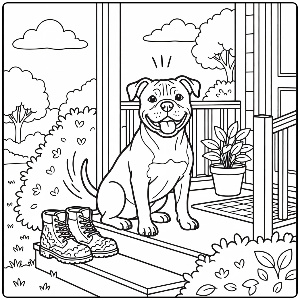 A happy american bulldog coloring page sitting on a porch step.