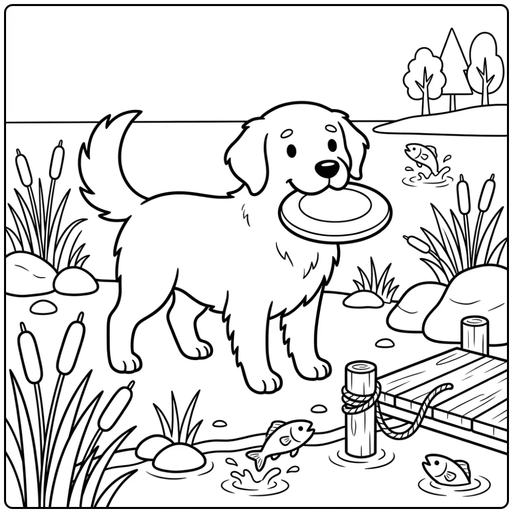 Dog coloring page with a golden retriever holding a frisbee.
