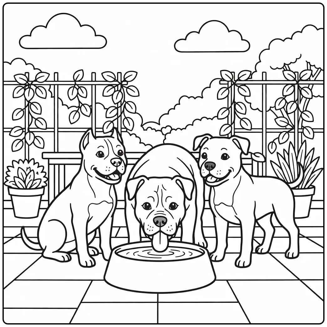 Three happy dogs on a patio: an american bulldog coloring page.