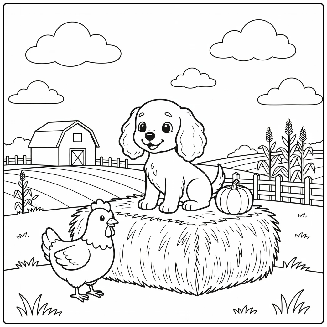 Farm scene cocker spaniel coloring page of a puppy and chicken.
