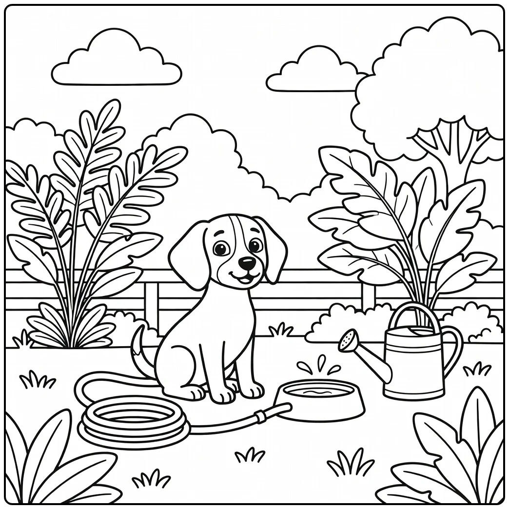 A cute puppy sitting near a water bowl; an easy dog coloring page.