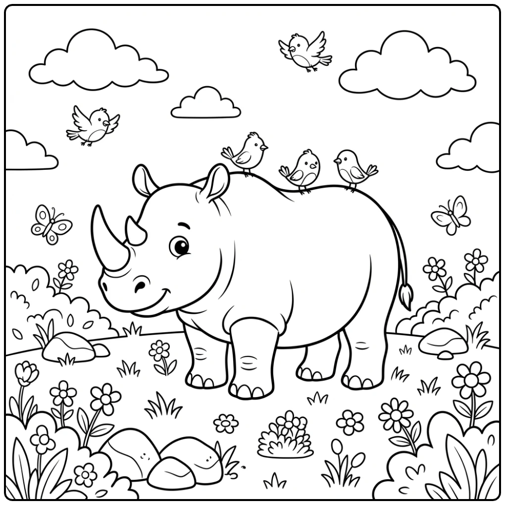 Cute rhino in a grassy field, a charming Land Animal coloring page.