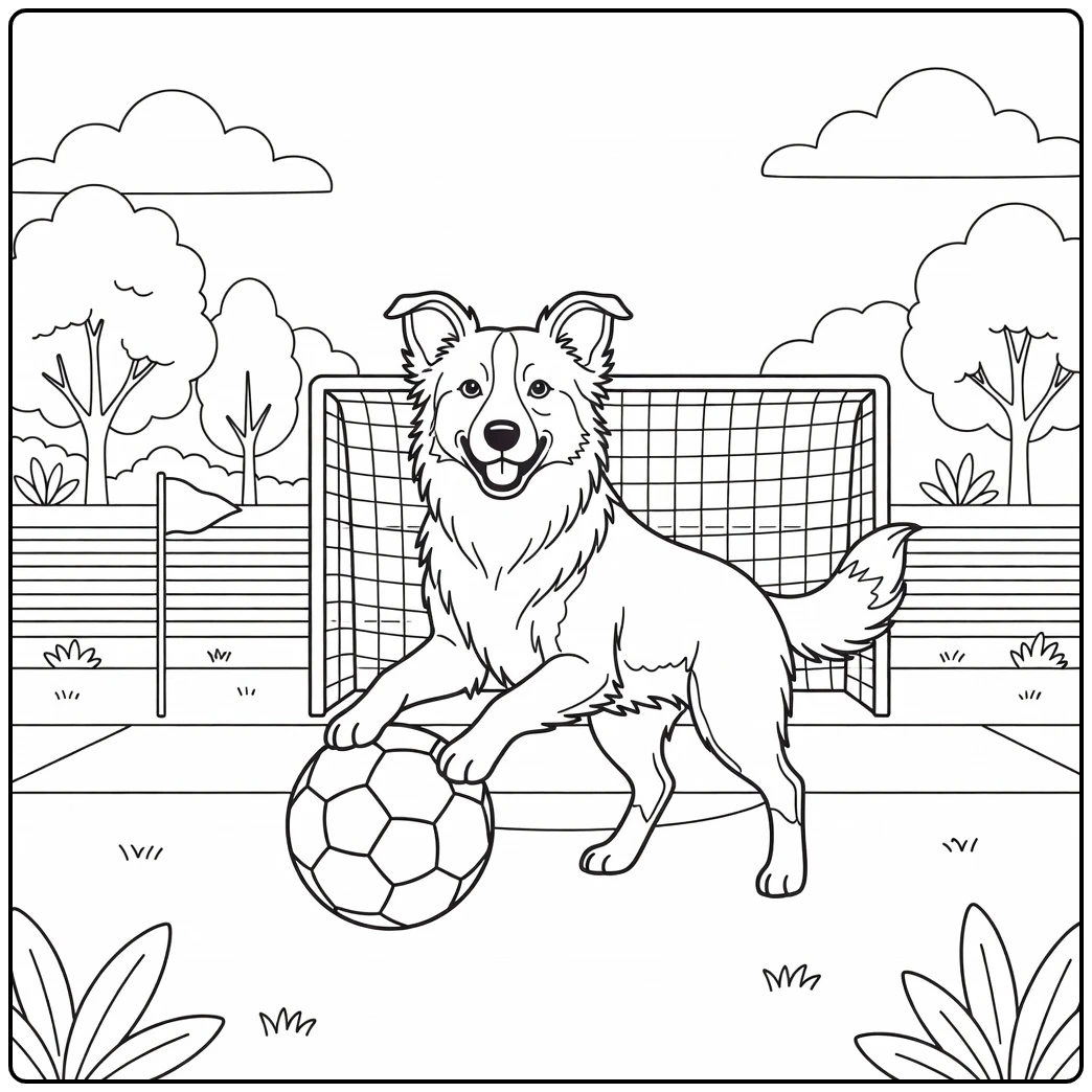 Playful border collie coloring page goalie on a soccer field.