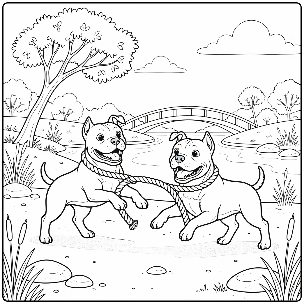 Two dogs playing on a riverbank american bulldog coloring page.