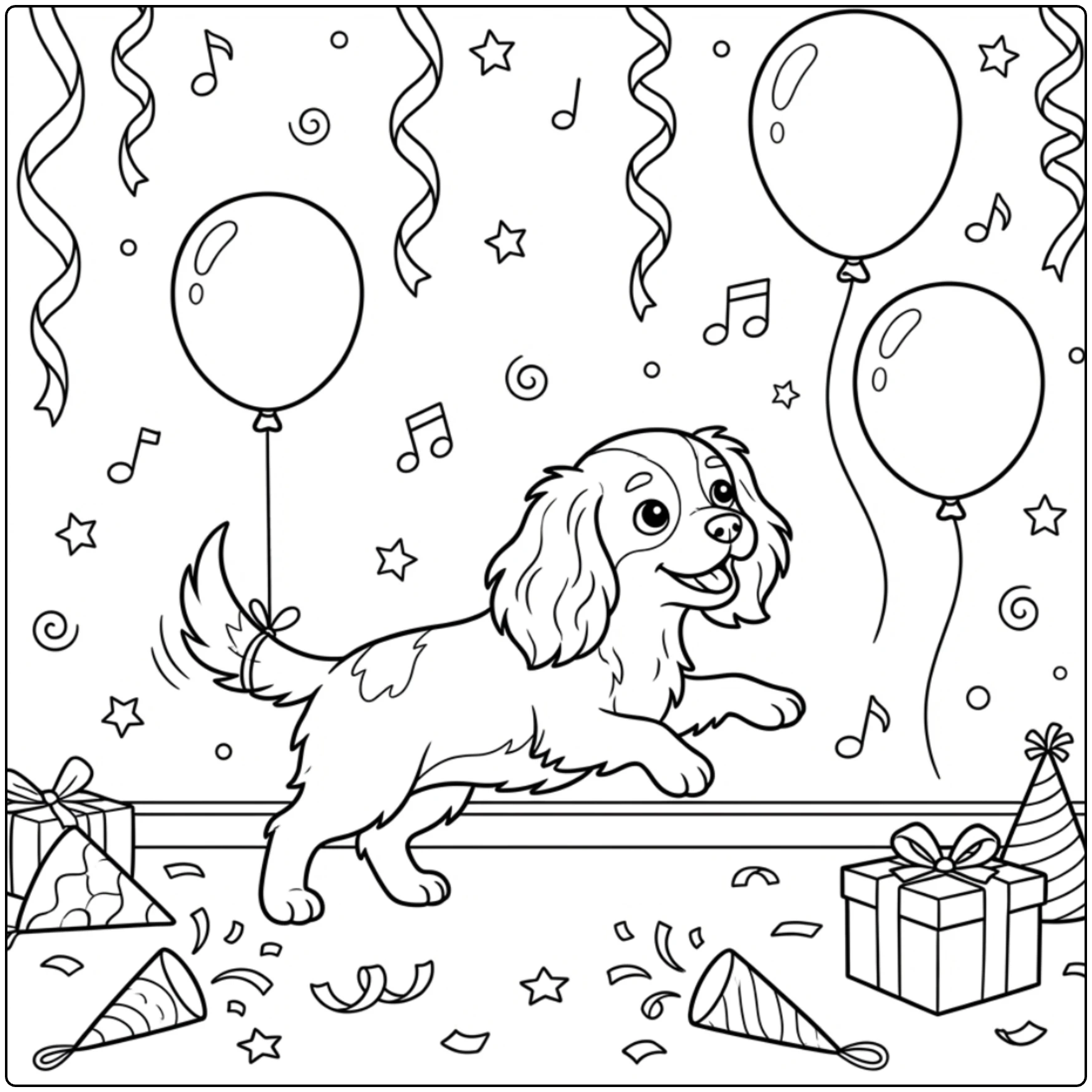Cute Cavalier King Charles Spaniel birthday coloring page.