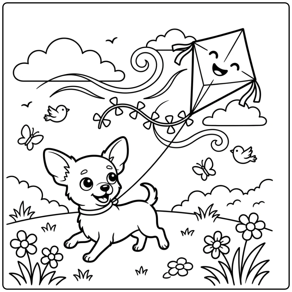 Cute Chihuahua coloring page playing with a kite outdoors.