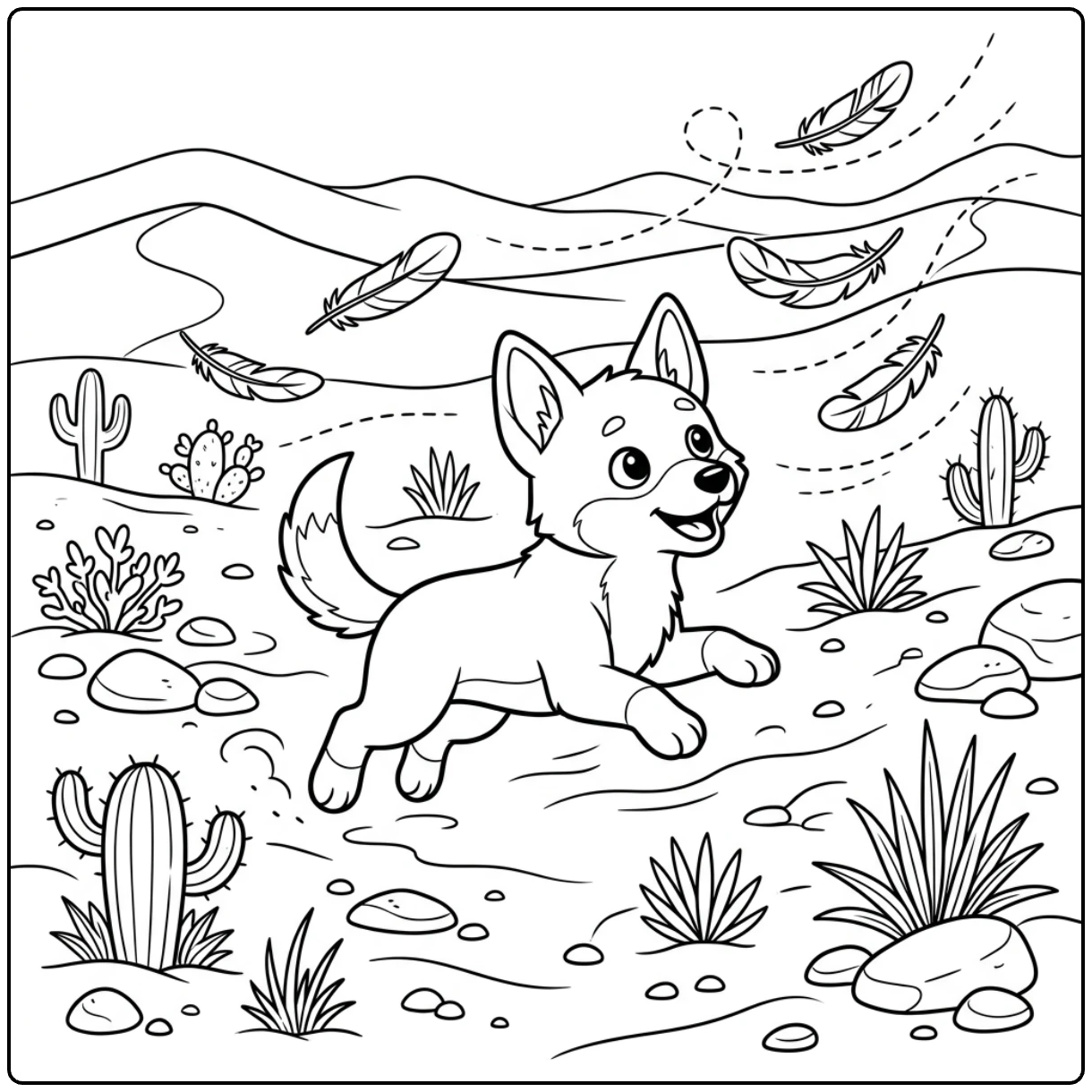 Playful dingo pup chasing feathers - an adorable Dingo coloring page.