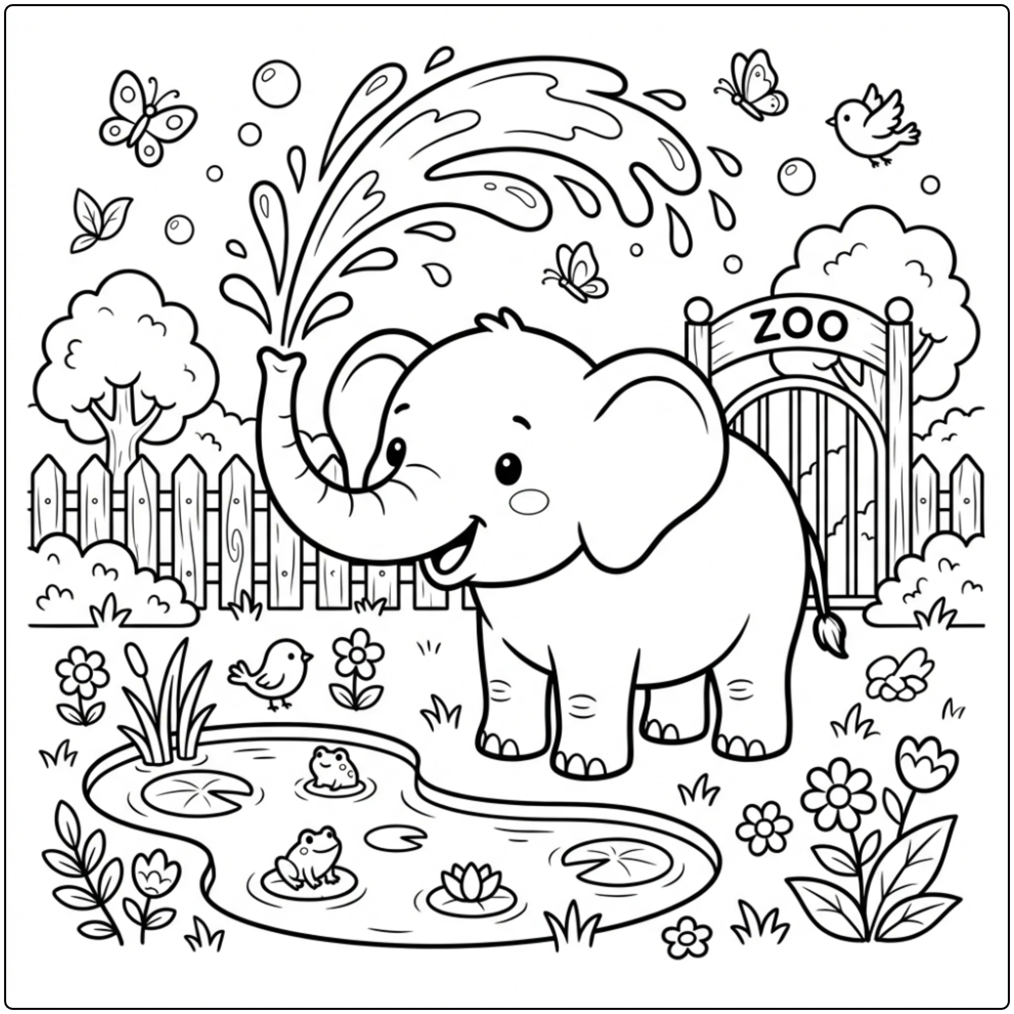 Happy elephant playing in a pond, ideal Zoo Animal coloring page