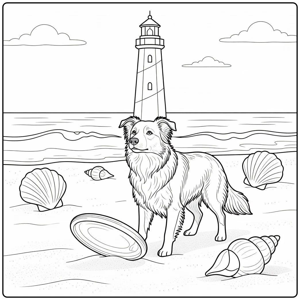 Adorable border collie coloring page on a beach with a frisbee.