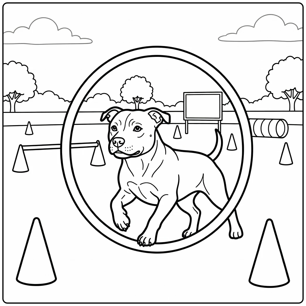 Agile staffordshire bull terrier coloring page leaping through a hoop.