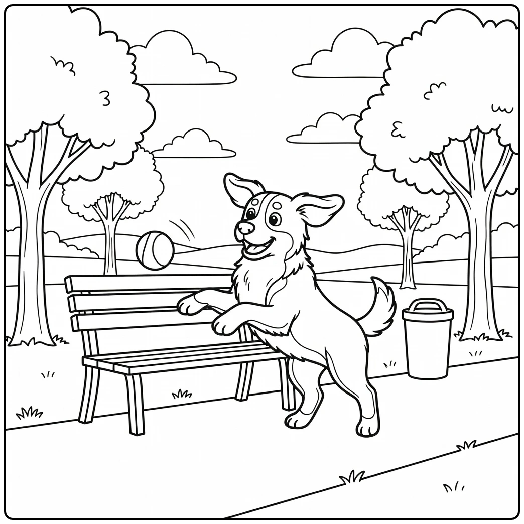 A playful bernese mountain dog coloring page with a bouncing ball.