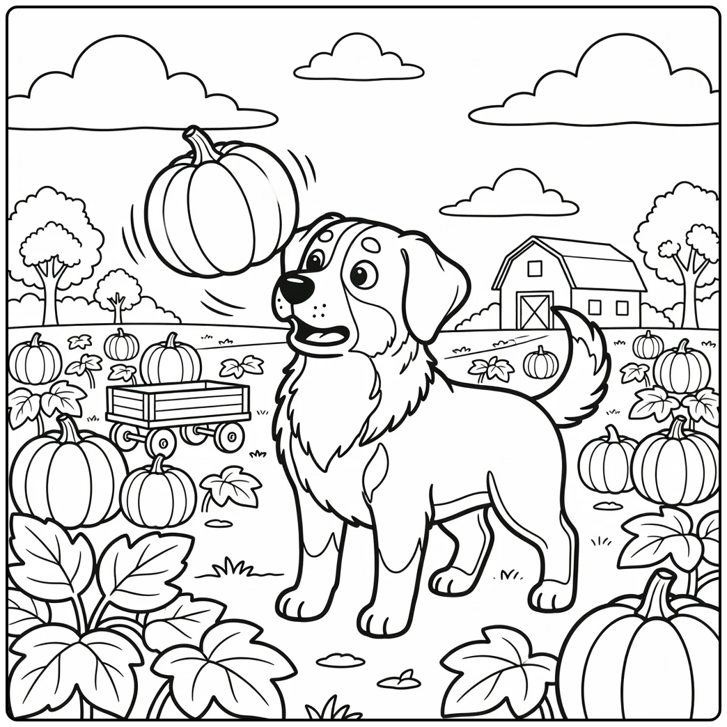 A cute bernese mountain dog coloring page with a pumpkin on its nose.