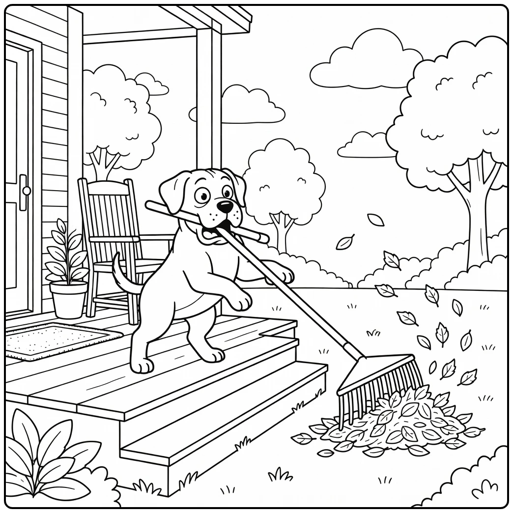 A playful english mastiff coloring page with a rake and leaves.