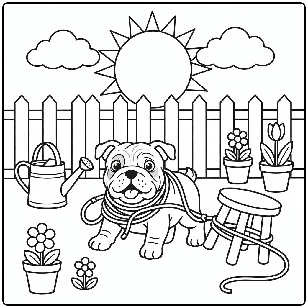 A tangled puppy english bulldog coloring page in a sunny garden.