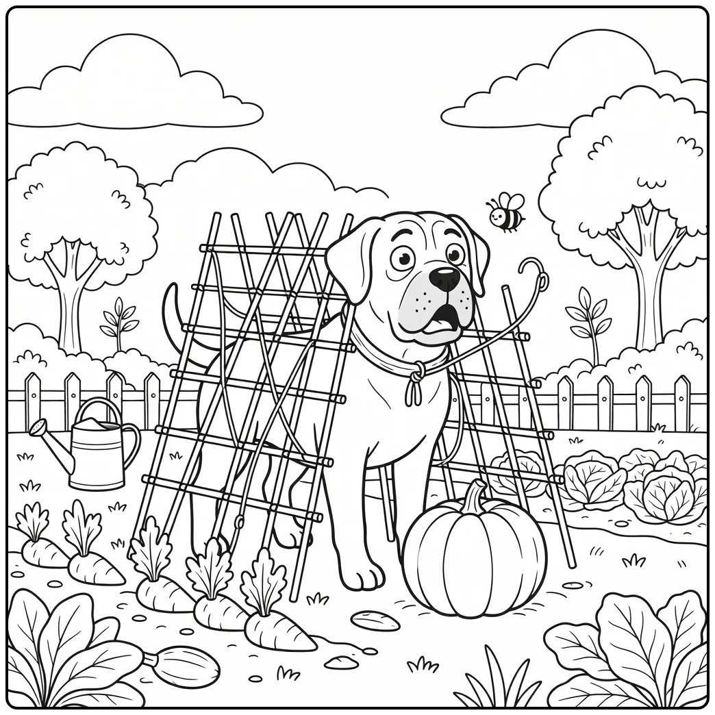 A cute mastiff coloring page with a dog tangled in a trellis.