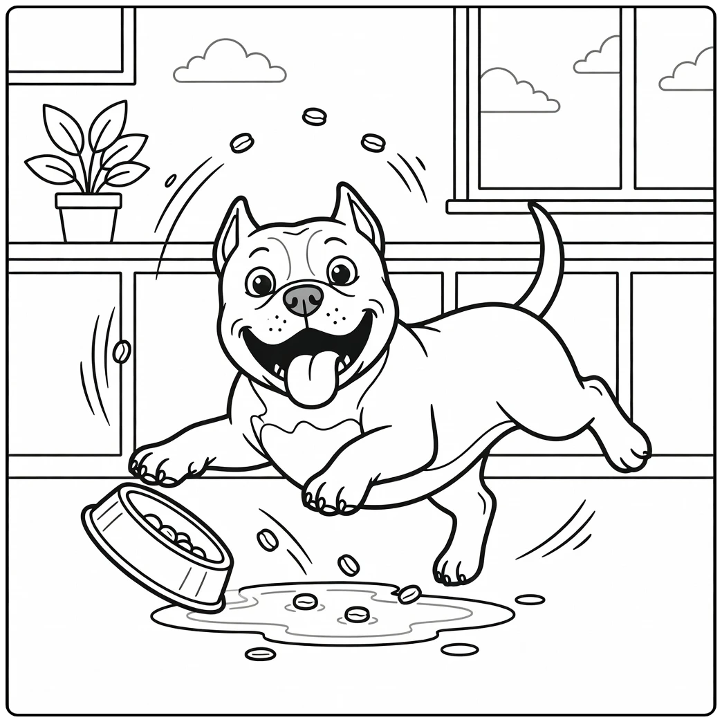 A clumsy dog on an american bully coloring page slips on water.