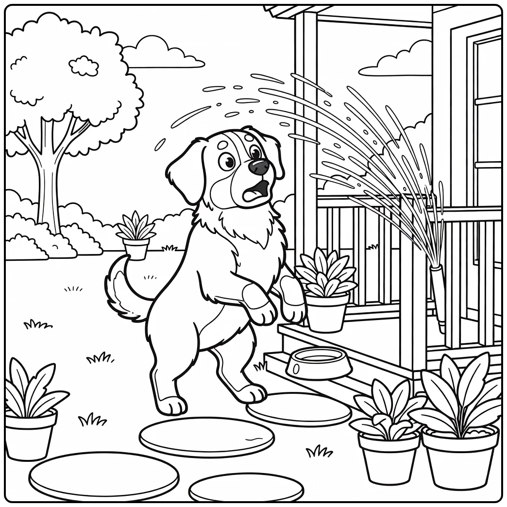 A surprised bernese mountain dog coloring page with a sprinkler.
