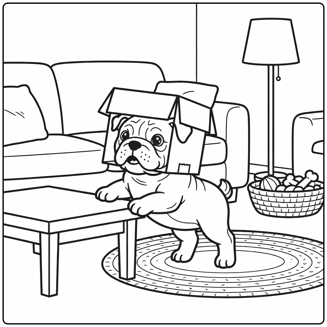 A silly english bulldog coloring page with a box on its head.
