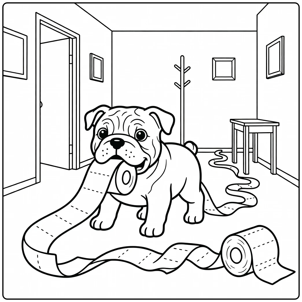 A mischievous puppy on an english bulldog coloring page.