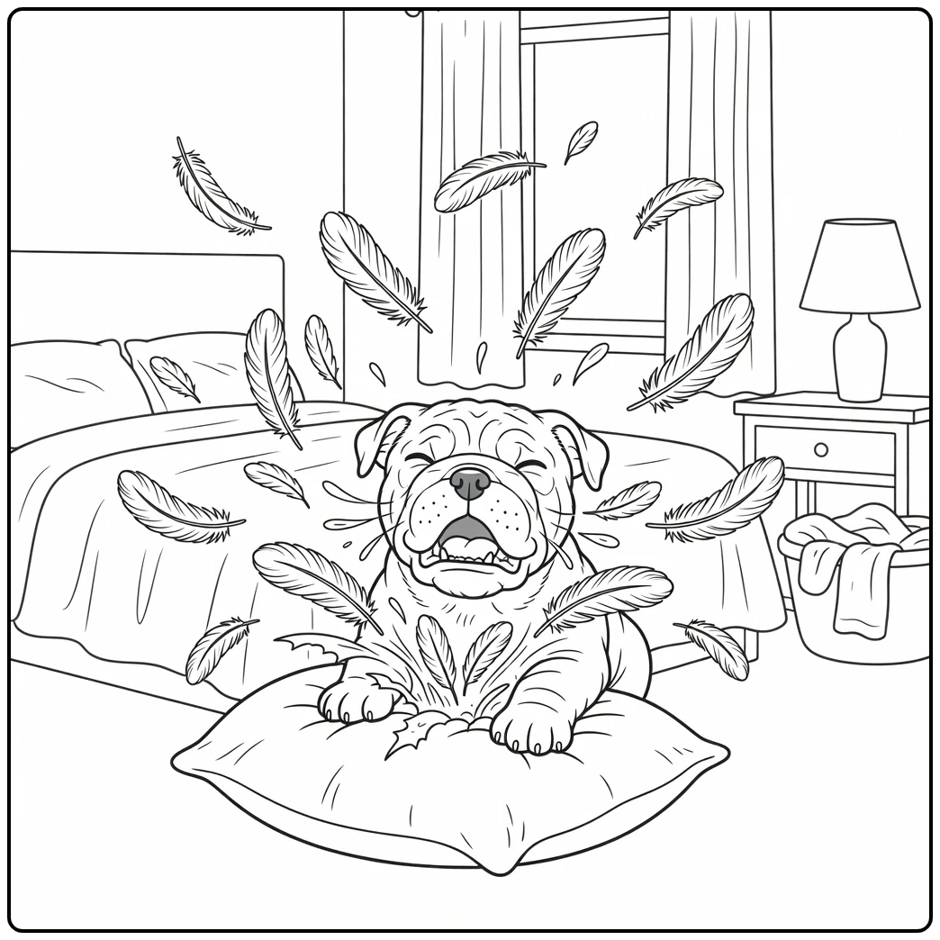An english bulldog coloring page of a puppy sneezing feathers.