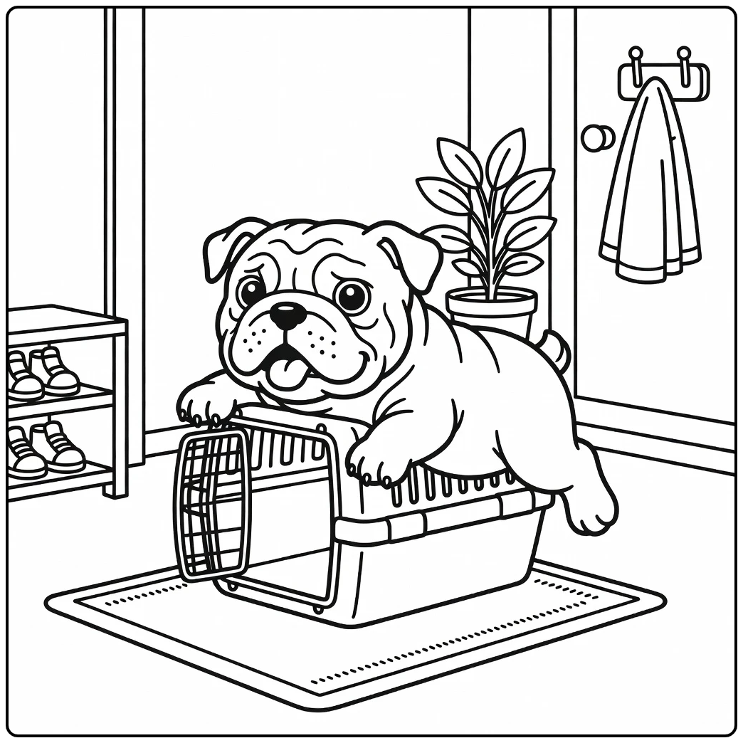 A goofy puppy stuck in a tiny carrier english bulldog coloring page.