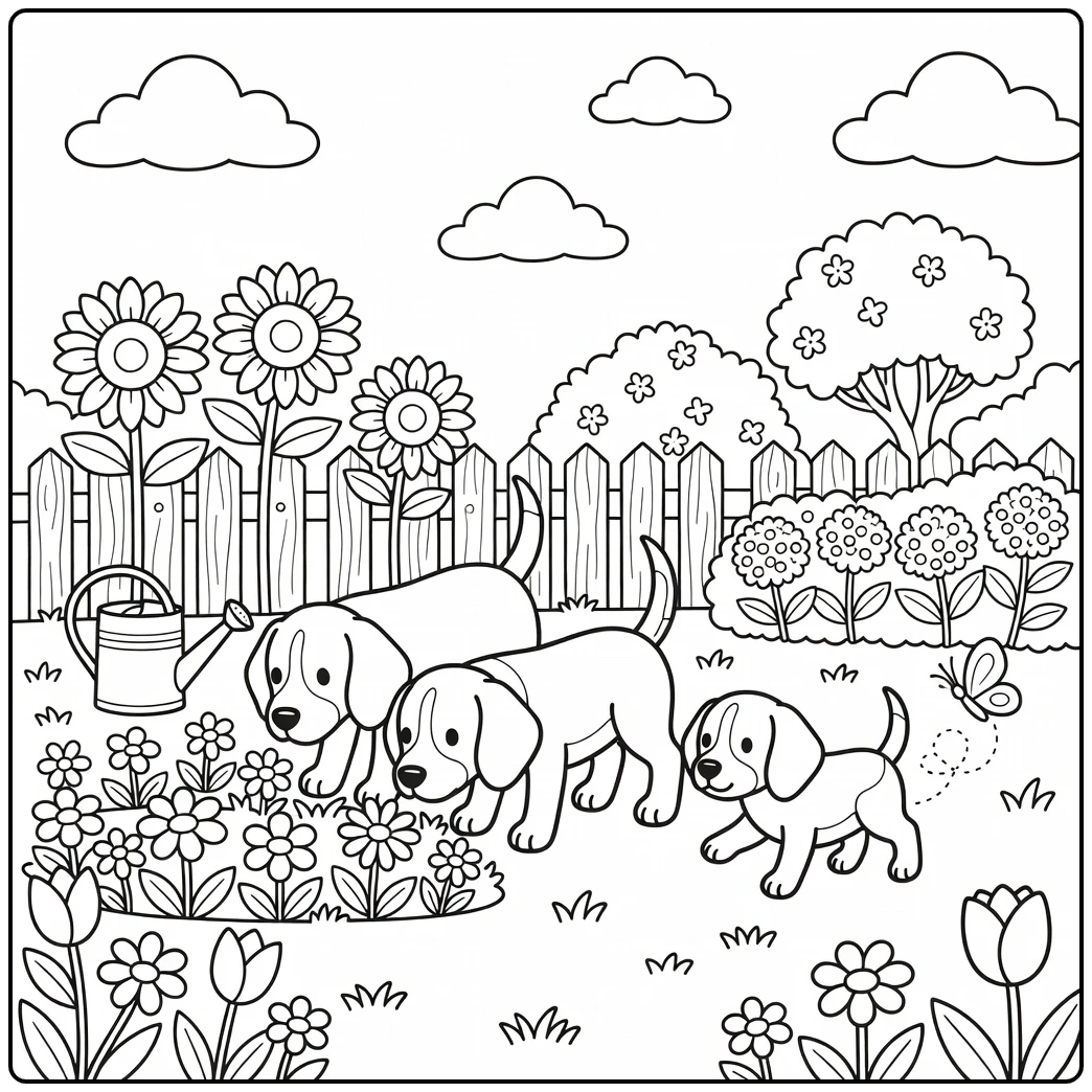 A cute Beagle dog family coloring page in a sunny garden scene.