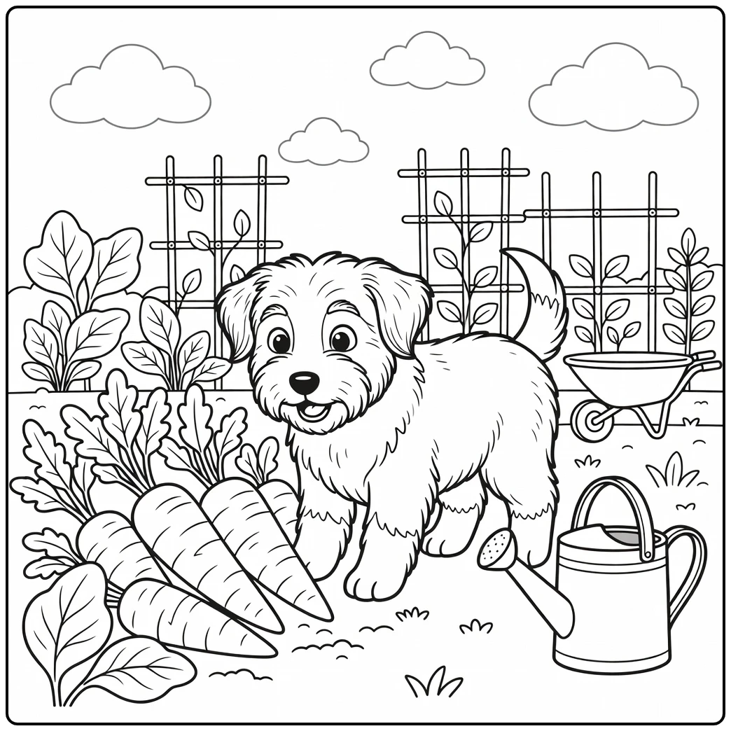 A fluffy Bearded Collie puppy on a cute dog coloring page.