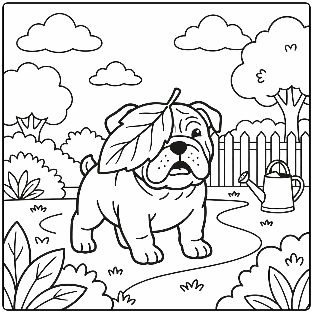 A cute english bulldog coloring page with a leaf on its face.