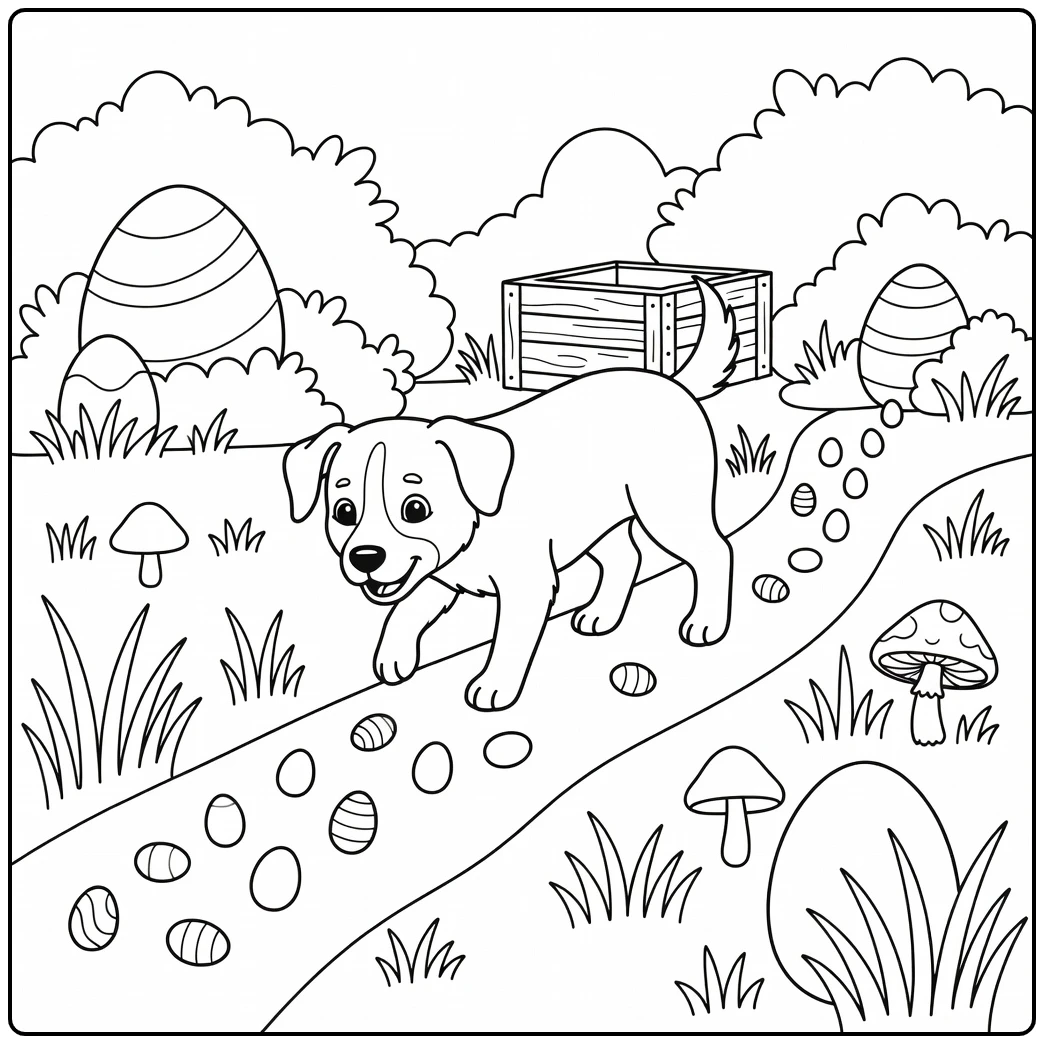 A cute pup follows an egg trail on this easter dog coloring page.
